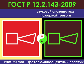 F11 звуковой оповещатель пожарной тревоги (фотолюминесцентный пластик ГОСТ 34428-2018, 200х200 мм) - Знаки безопасности - Фотолюминесцентные знаки - магазин "Охрана труда и Техника безопасности"